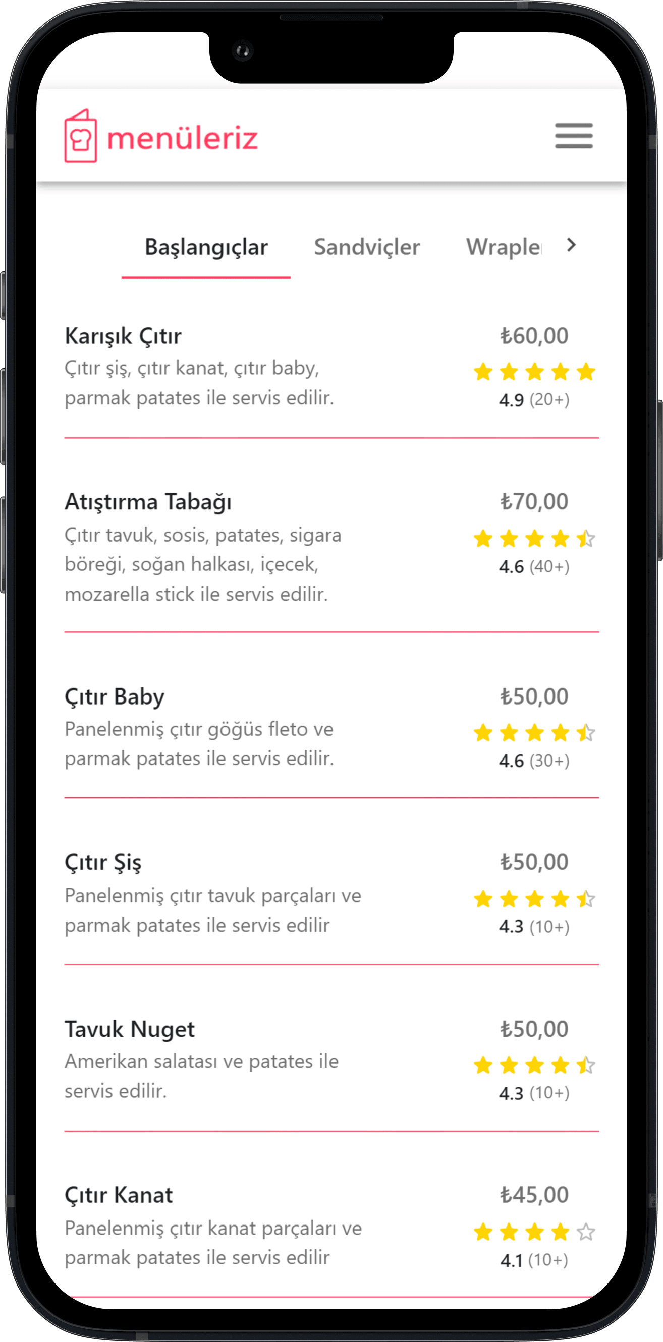 menüleriz QR kod sample menu, sample digital menu